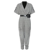 Workwear Pattern Collar Short Sleeve One Piece Trousers Casual Pants Free Waist Bag